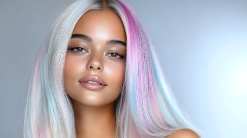 Young woman with pastel rainbow hair colors including pink purple and mint green highlights against white background for beauty fashion concepts.