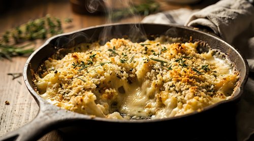 Golden baked casserole with herb breadcrumb topping in cast iron skillet on rustic wooden table with kitchen towel and fresh herbs for comfort food cooking.
