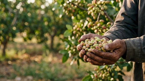 Farmer's hands holding freshly harvested hops in an agricultural field during harvest season for brewing and beer production.