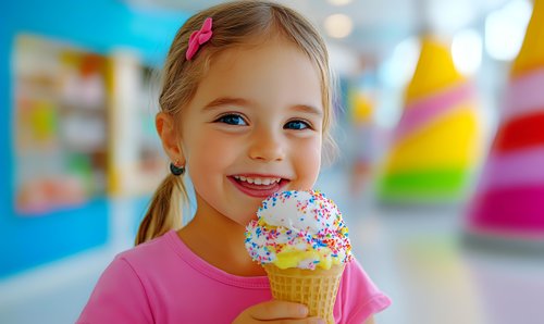 Young Caucasian girl with pigtails in pink shirt enjoying colorful ice cream cone with sprinkles, bright cheerful background shows birthday party setting, genuine smile shows joy.