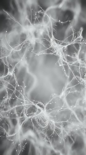 Abstract monochrome fibers forming an ethereal circular network with glowing particles, creating a mystical web texture on gray background.
