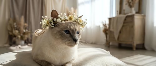 Elegant cat wearing floral crown resting on soft blanket in bright, minimalist bedroom with neutral tones and natural light for home decor and pet lifestyle content.