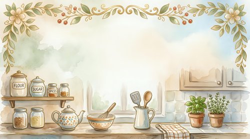 Watercolor kitchen background with floral border, jars, teapot, herbs, and utensils, soft pastel tones, cozy rustic style, copy space.