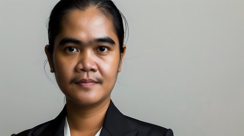 Portrait of Asian young adult with long dark hair pulled back, wearing professional black blazer against neutral background. Serious expression conveys confidence and determination.