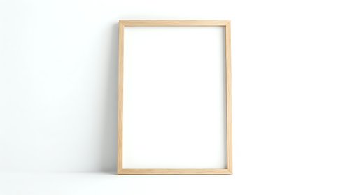 Empty wooden frame mockup with natural wood border on white textured wall background for artwork display and interior design projects.