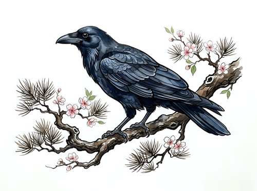 Black crow perched on flowering branch with delicate blossoms, isolated on white background for design and illustration projects.