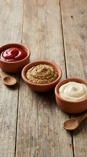 Three clay bowls with ketchup, mustard and mayonnaise condiments on rustic wooden table with wooden spoons for cooking and food preparation.
