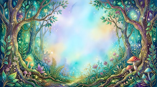 Enchanted forest clearing with glowing magical light, whimsical woodland creatures, and vibrant flora creating a fantasy storybook scene for children's illustrations and imaginative design projects.