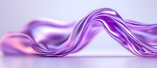 Elegant flowing purple silk fabric creates smooth waves and curves against light background, showcasing luxurious textile movement and soft illumination effects.