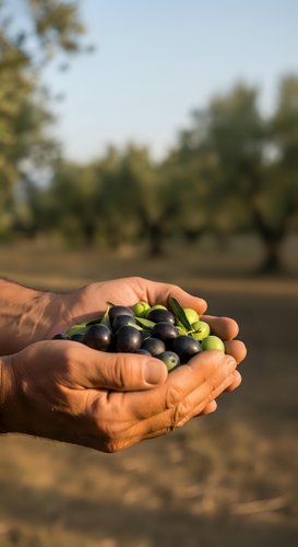 Farmer holding fresh olives in hands at harvest time in orchard field. Agricultural produce and organic farming concept for food industry.