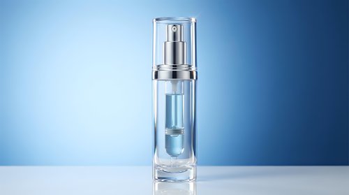 Luxury clear glass cosmetic serum bottle with silver pump dispenser on gradient blue background for skincare and beauty product packaging design.