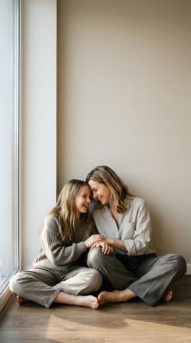 Two young Caucasian women sitting together by window in cozy neutral tones sharing intimate moment of friendship and connection in modern minimalist home.