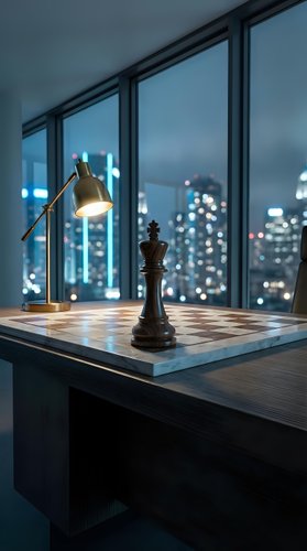 Desk lamp illuminates chess piece on marble table in modern high-rise office with panoramic city skyline views at dusk, suitable for business and corporate design projects.