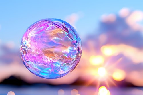 Iridescent soap bubble floating in sunset sky with bokeh lights, showcasing rainbow colors and reflective surface against blurred nature background.