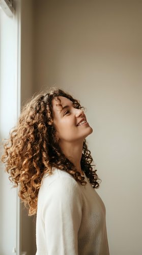 Young Caucasian woman with curly hair smiling joyfully by a window in warm natural light, wearing a cozy cream sweater, radiating positivity.