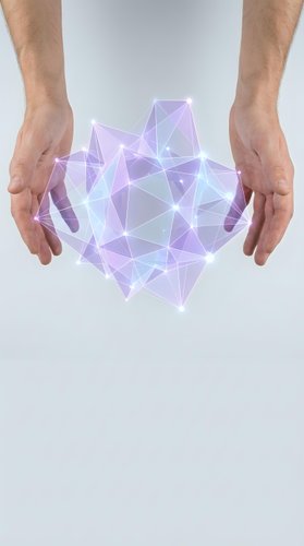 Male hands protecting purple geometric network structure representing digital technology innovation and data security concepts.