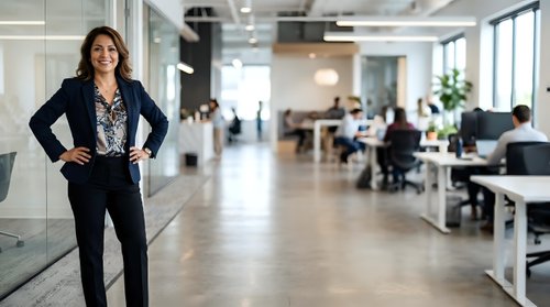 Confident female professional with dark hair and Mediterranean ethnicity wearing black blazer standing in modern office corridor with colleagues working in background.