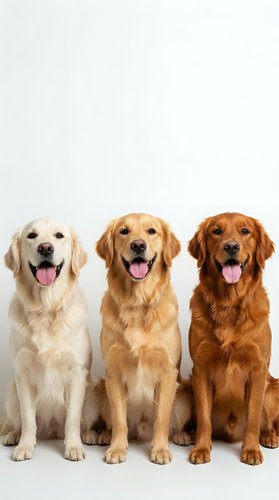 Three happy golden retriever dogs sitting together with tongues out on white background for pet care and veterinary design projects.