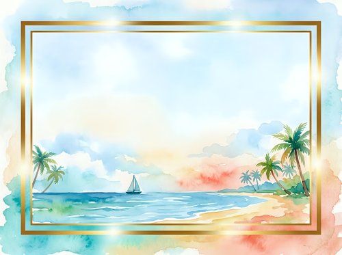 Tropical beach scene with sailboat, palm trees, and golden frame border on watercolor background, suitable for travel, vacation, and summer design projects.