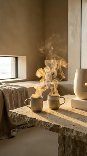 Steaming coffee cups on rustic wooden table in warm sunlit bedroom interior with natural textures and cozy atmosphere for morning relaxation concept.
