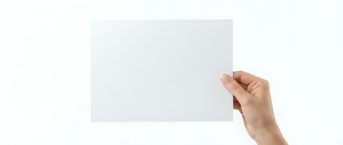 Hand holding blank white paper sheet against white background isolated for mockup design and presentation templates.