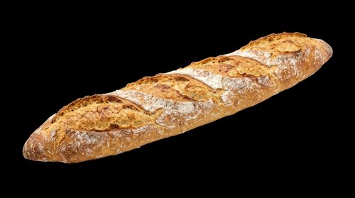 Rustic whole grain baguette with golden crust, isolated on transparent background, ready for food packaging, stickers, t-shirt design, and print on demand use.