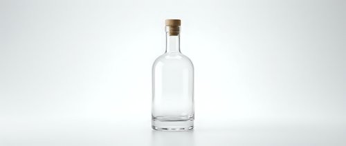 Empty clear glass bottle with cork stopper isolated on white background for product mockup and packaging design projects.