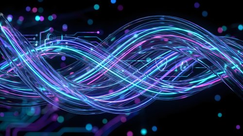 Flowing neon light trails creating dynamic wave patterns with purple and blue glowing effects against dark background for digital art and technology concepts.