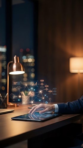Businessman in dark suit working on tablet at wooden desk with glowing network diagram, digital analytics icons, and warm desk lamp in modern office at night for business technology concepts.