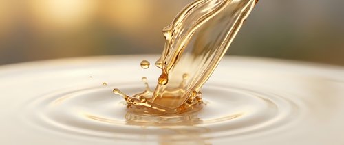 Golden liquid pouring into white surface creating splash and ripples, suitable for cosmetics, skincare, wellness and beauty product marketing materials.