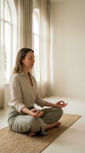 Young Caucasian woman practicing meditation in lotus position on woven mat by window with natural light streaming through curtains in minimalist room.