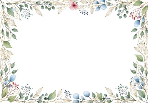 Watercolor floral frame with delicate pink and blue flowers, green leaves, and botanical elements on white background. Isolated design ready for invitations, cards, and print projects.
