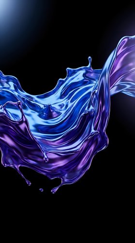 Flowing liquid splash in vibrant blue and purple hues against black background, ideal for abstract design, backgrounds, and creative projects.