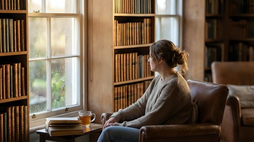 Young woman reading book in cozy library with wooden bookshelves, warm natural light streaming through window, peaceful study atmosphere for education content.