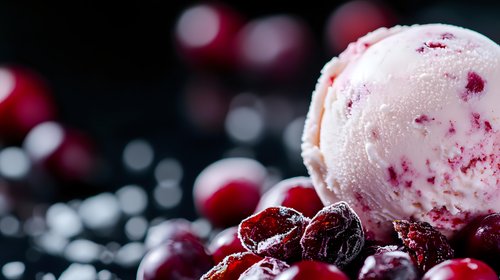 Creamy vanilla ice cream scoop with fresh cranberries and frozen berries on dark background, selective focus with bokeh lights creating festive mood.