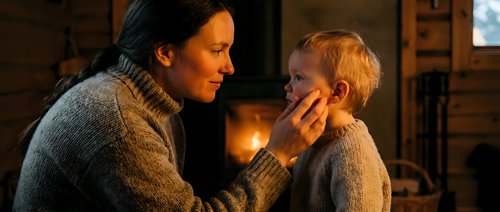 Loving father gently holding young son's face in cozy firelit living room, showing tender parental care and family bonding moment in warm home setting.