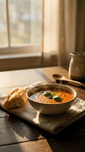 Steaming tomato basil soup in a rustic ceramic bowl with crusty bread on a linen napkin, warm sunlight streaming through a window.