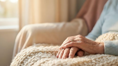 Elderly woman's hands resting peacefully on knitted blanket in warm sunlit room, conveying comfort, aging gracefully, and serene home atmosphere.
