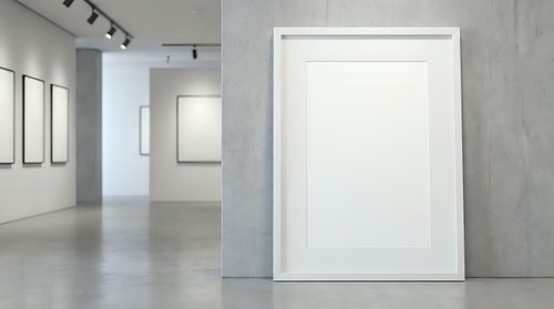 Modern art gallery interior with blank white canvas frames on concrete walls for artwork display and exhibition mockup purposes.