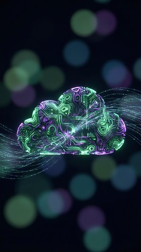 Neon glowing cloud computing symbol with circuit board patterns in green and purple, connected by flowing digital data streams against dark blurred background for technology concepts.