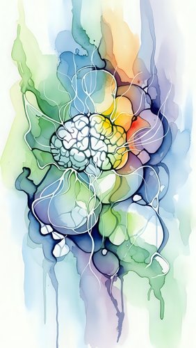 Abstract watercolor brain illustration with flowing organic shapes in rainbow gradient colors for mental health and creativity concepts.