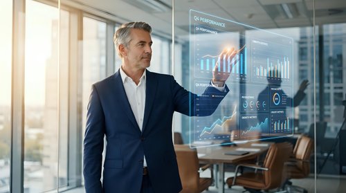 Mature male professional with gray hair and medium complexion wearing dark business suit interacting with digital financial analytics display in modern office environment with city skyline view.