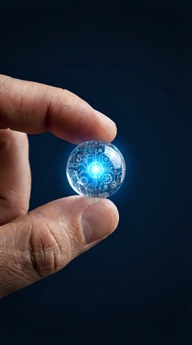 Close-up of male hand holding glowing digital sphere with circuit board patterns and bright blue light core against dark background for technology and innovation concepts.