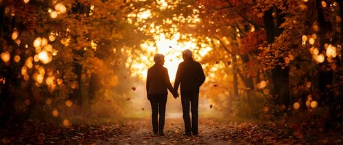 Two people holding hands walking down an autumn tree-lined path with golden bokeh lights and falling leaves creating a warm, romantic atmosphere.
