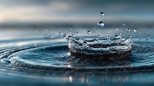 Water droplet creating splash with crown formation and ripples on calm blue surface with bokeh background.