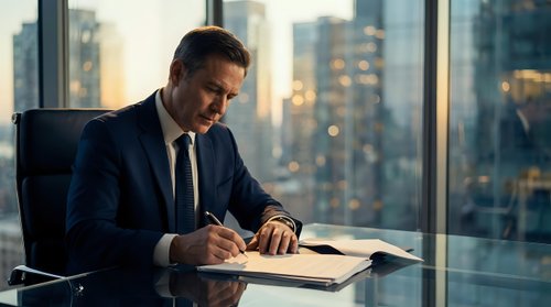 Professional businessman in dark suit signing documents at modern office desk with city skyline view during golden hour for corporate and business concepts.