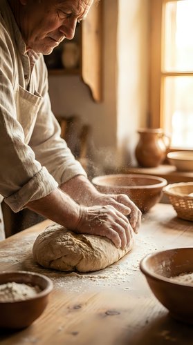 Senior male baker kneading fresh bread dough on wooden table in warm sunlit kitchen with flour dust and ceramic bowls for artisan baking and cooking concepts.