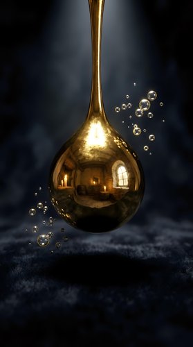 Golden oil drop falling with bubbles on dark textured surface. Luxury liquid motion concept for cosmetics, skincare and premium product advertising.