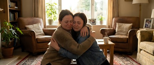 Two women embracing warmly in cozy living room with natural light, showing love and connection between family members or close friends in comfortable home setting.