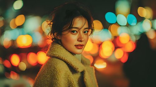 Young Asian woman in cozy sweater against colorful bokeh city lights at night, urban lifestyle portrait for fashion and lifestyle campaigns.